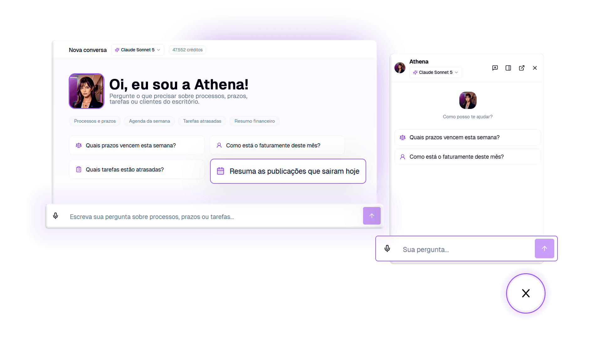 Athena, agente de IA do Juridiq, respondendo perguntas sobre prazos, tarefas e faturamento do escritório